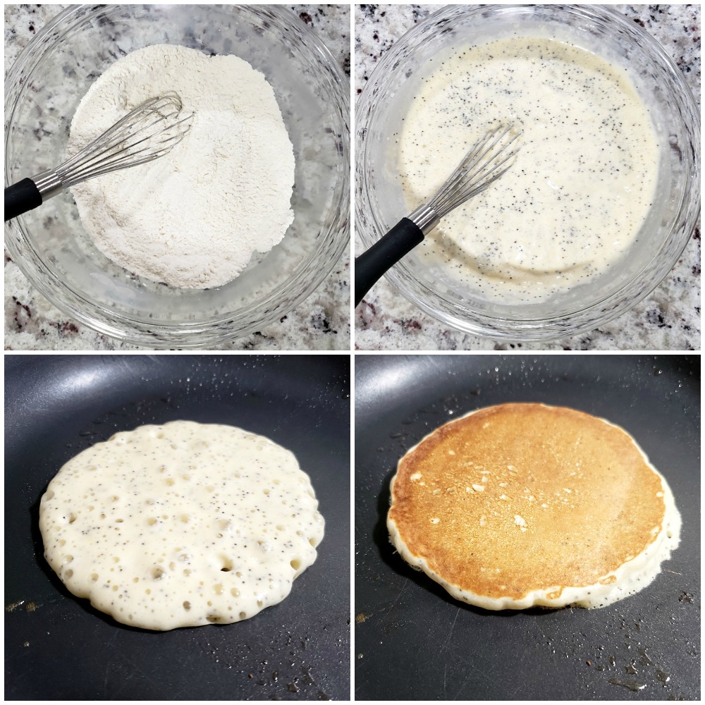Mixing pancake batter and frying in a pan.