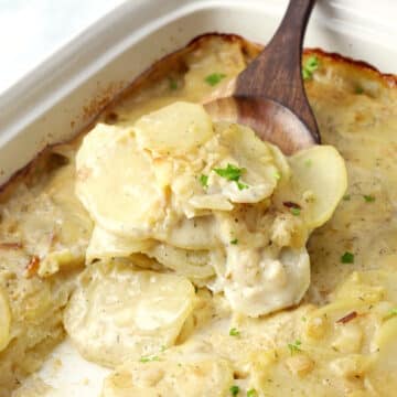 Dill scalloped potatoes scooped with a wooden serving spoon.