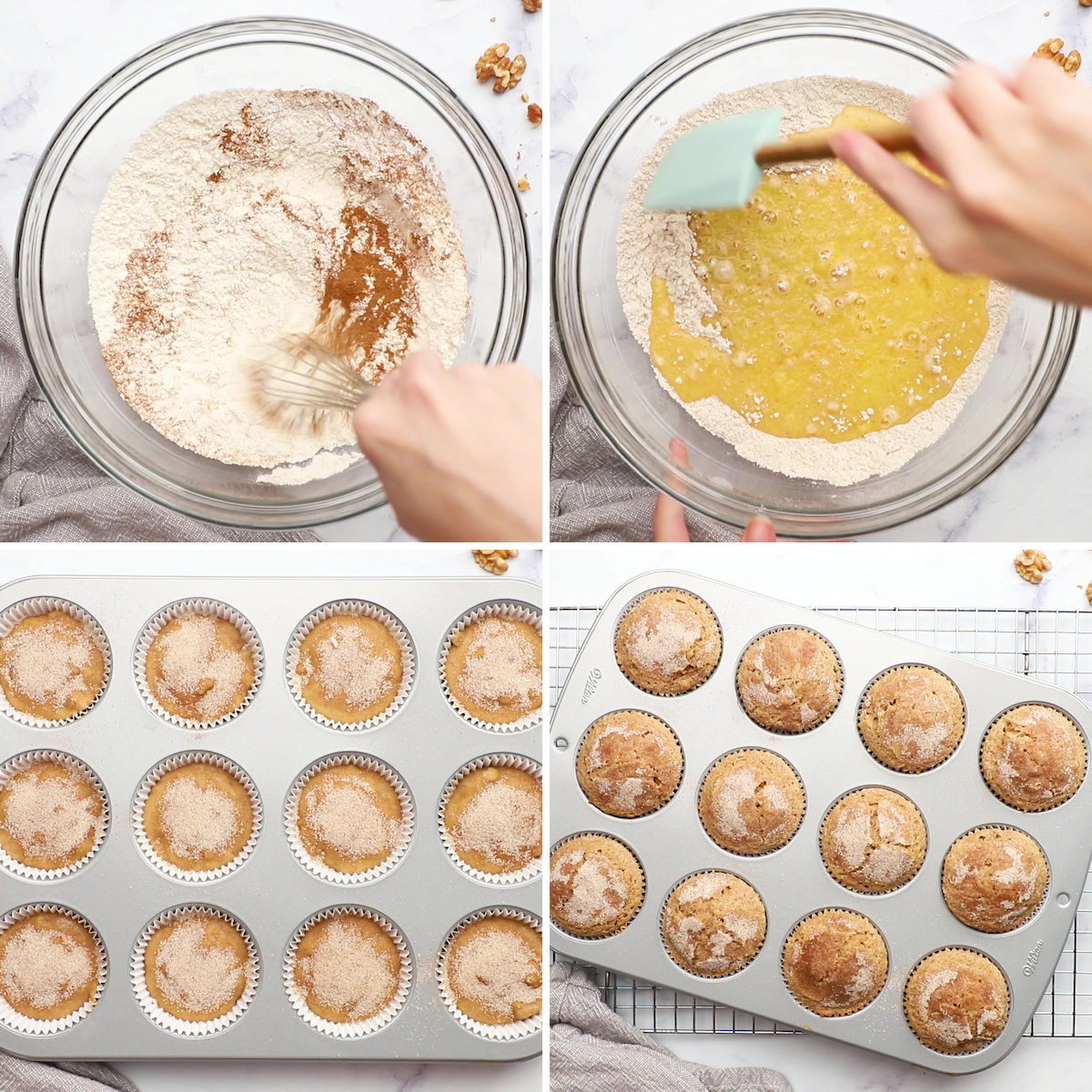 Mixing muffin batter and pouring into a baking pan.