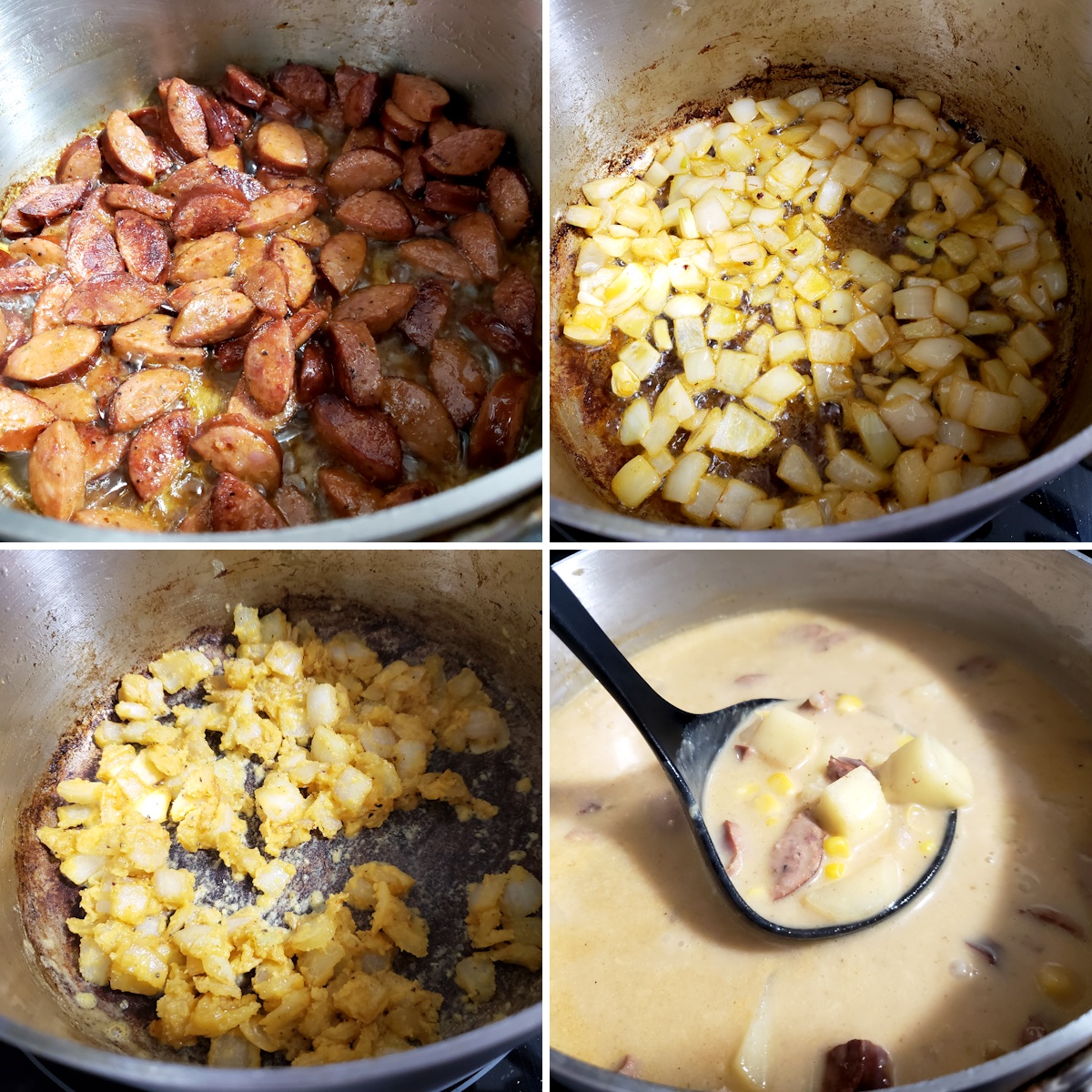 Browning sausage, onions, and adding the ingredients of soup to a stock pot.