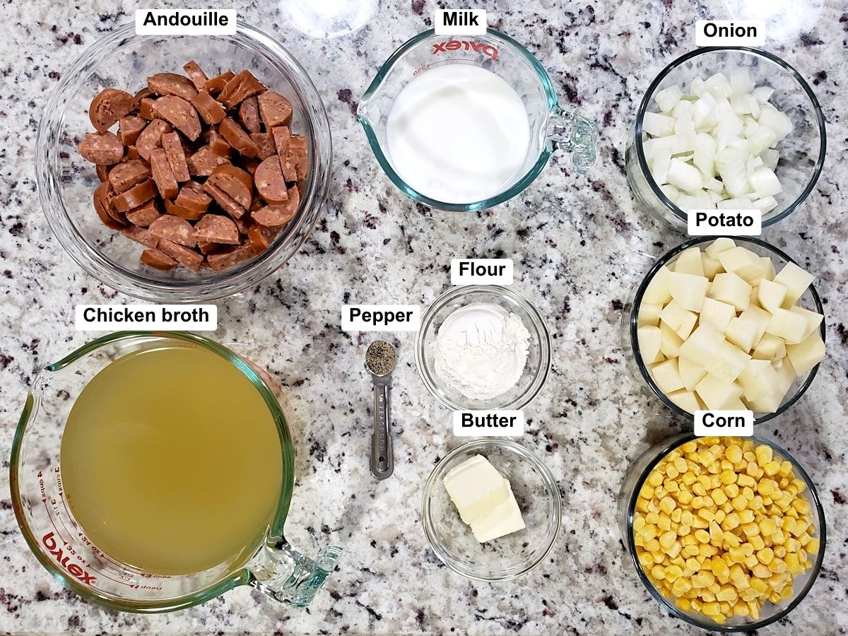 Ingredients to make corn chowder on a counter top.