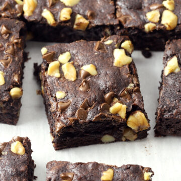 Overhead view of brownies sliced into squares.
