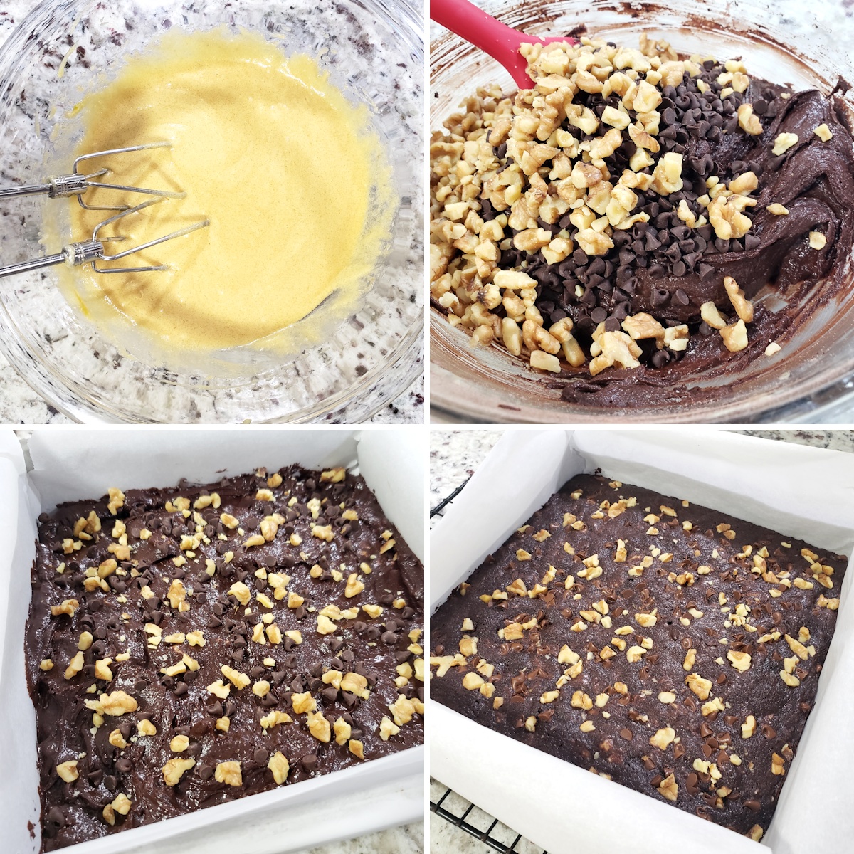 Mixing brownie batter and pouring into an 8x8 pan.