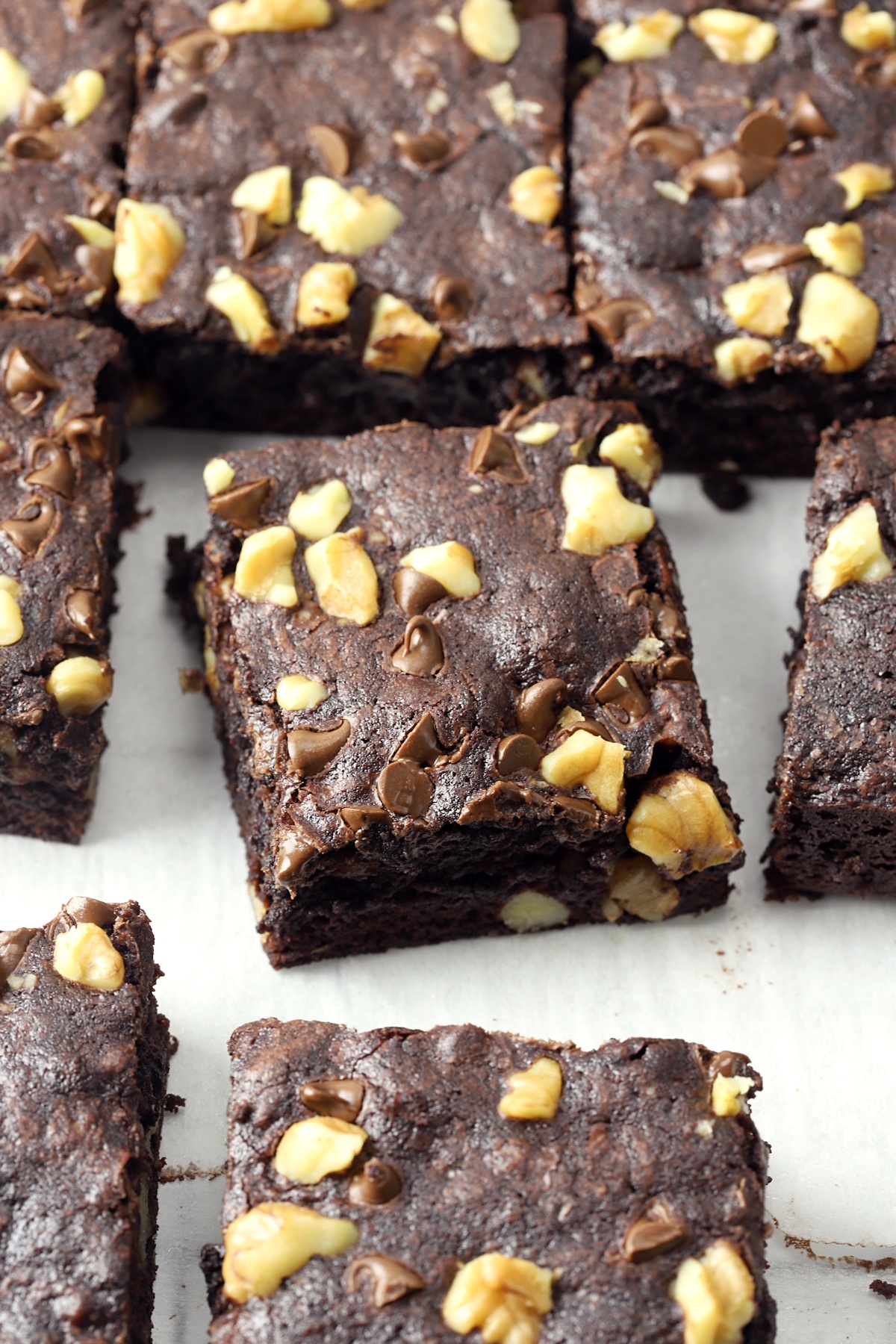 Overhead view of brownies sliced into squares.