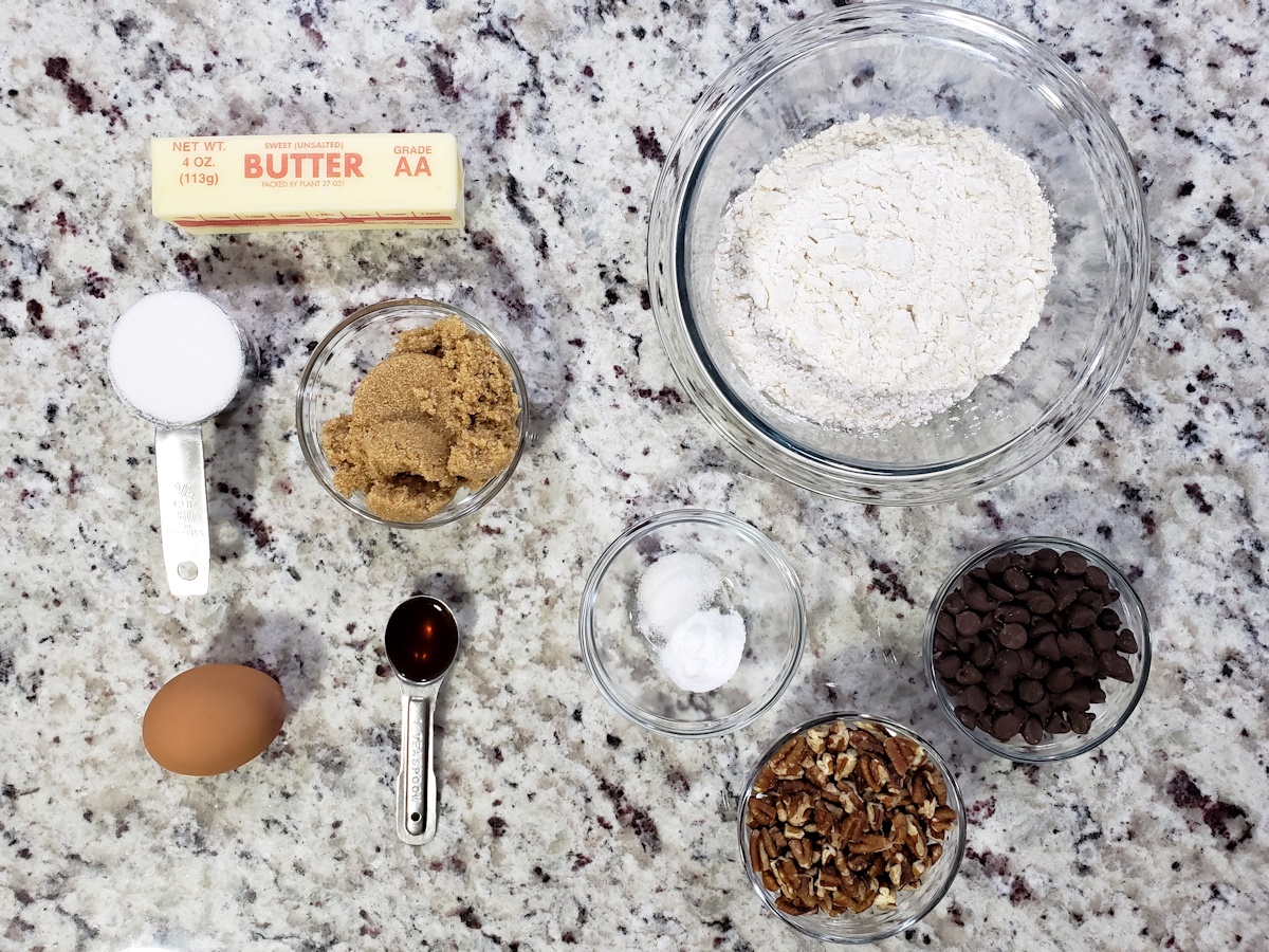 Ingredients to make cookies on a counter top.
