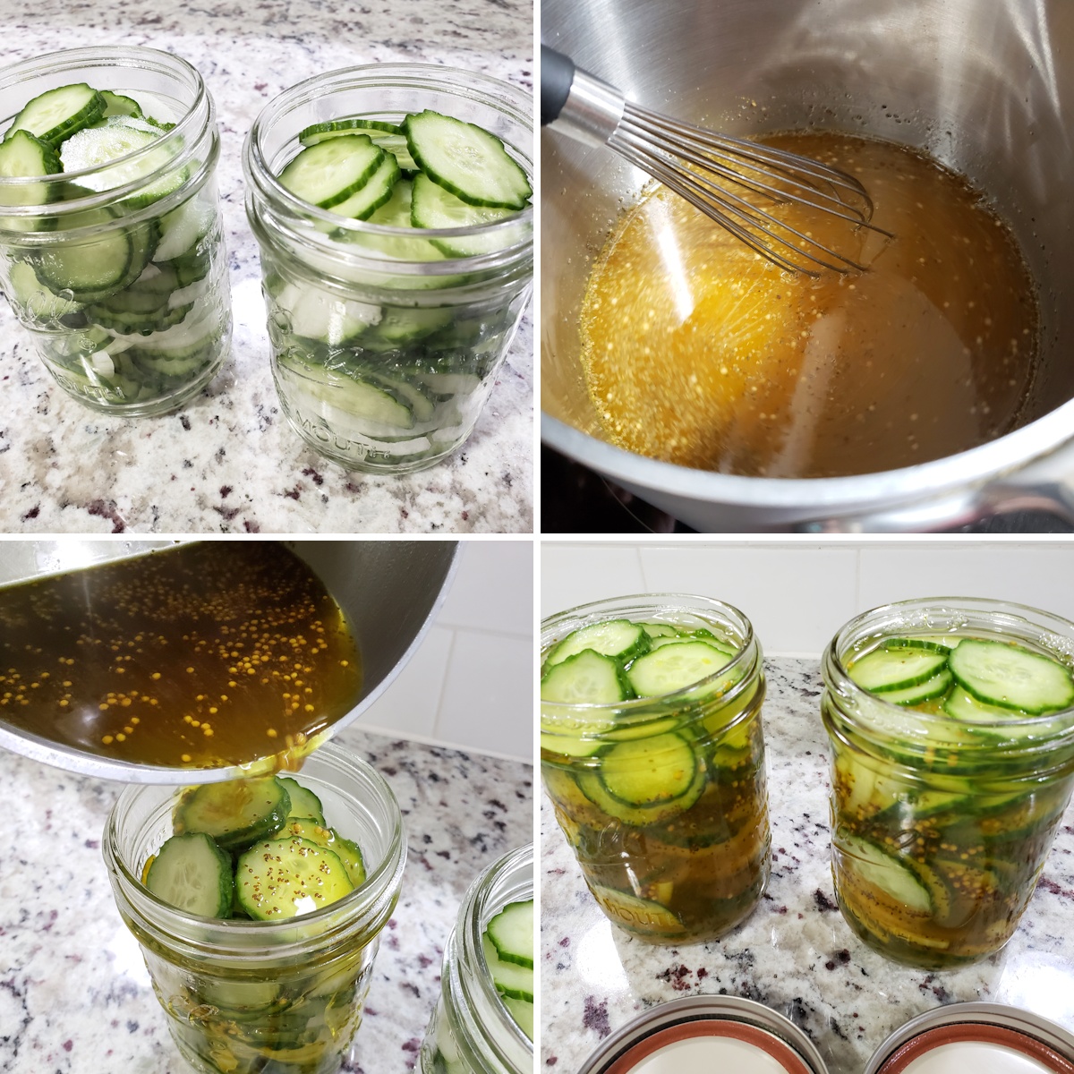 Adding pickles and liquid to mason jars.