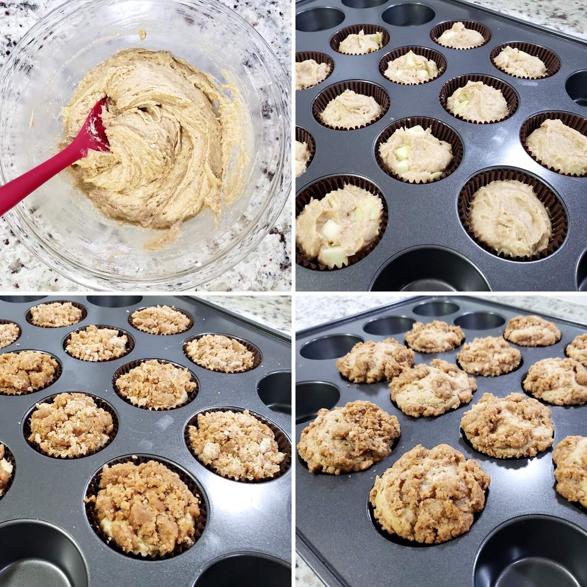 Mixing muffin batter and adding to a muffin pan.