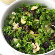 Prepared kale cranberry salad in a white serving bowl.