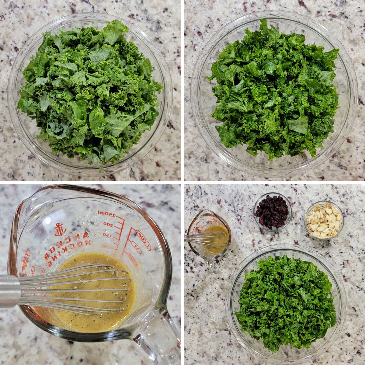 Massaged kale before and after, with salad dressing in a glass bowl.