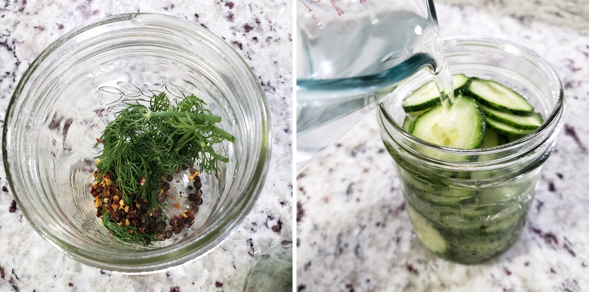 A mason jar filled with dill and spices, with liquid being added.