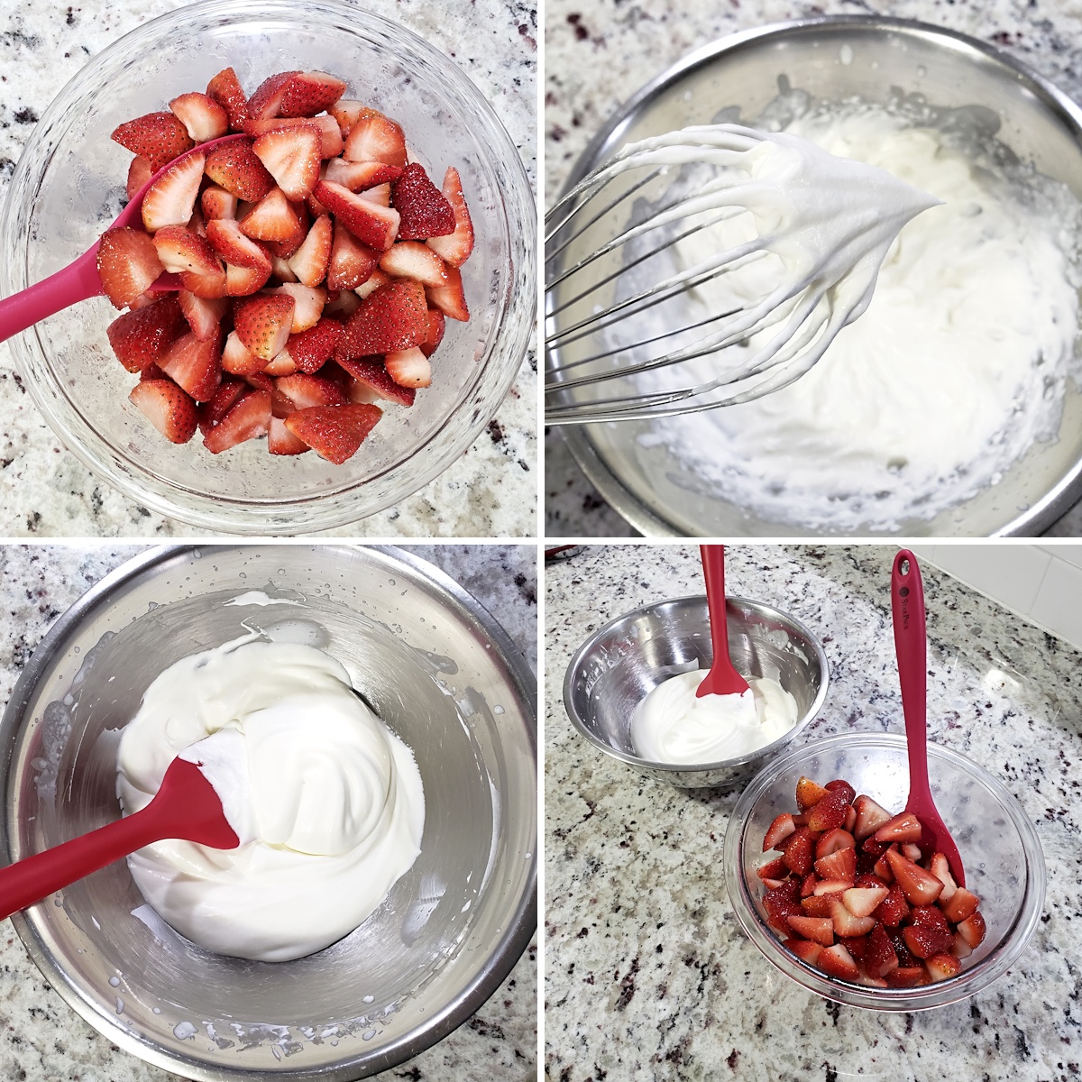 Collage of preparation photos, including a bowl of strawberries, and making whipped cream.