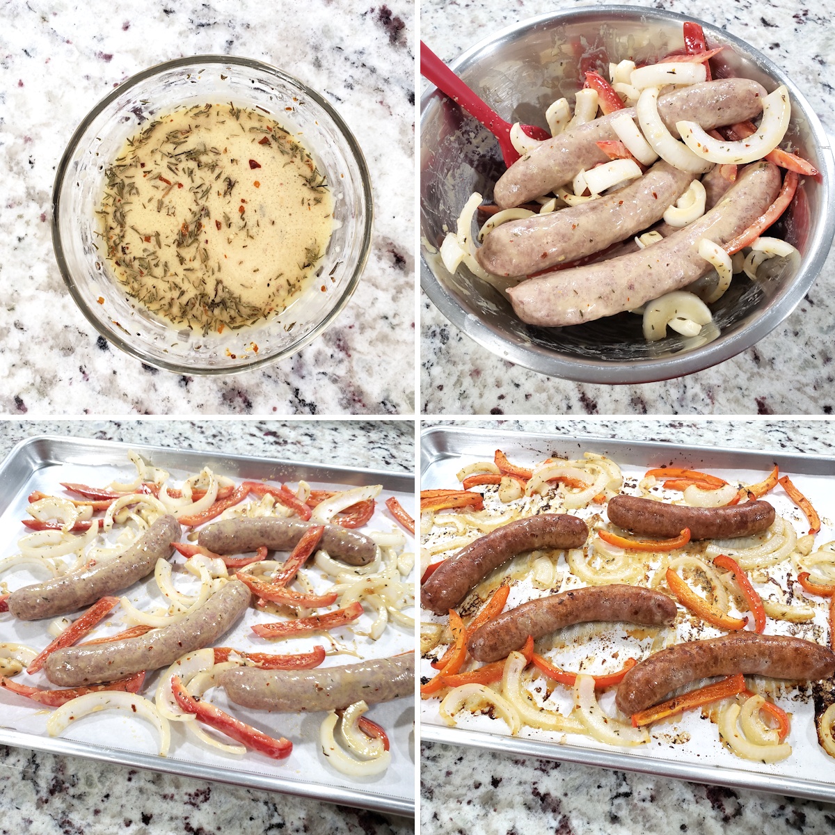 Tossing brats and vegetables in dressing and spreading onto a sheet pan.