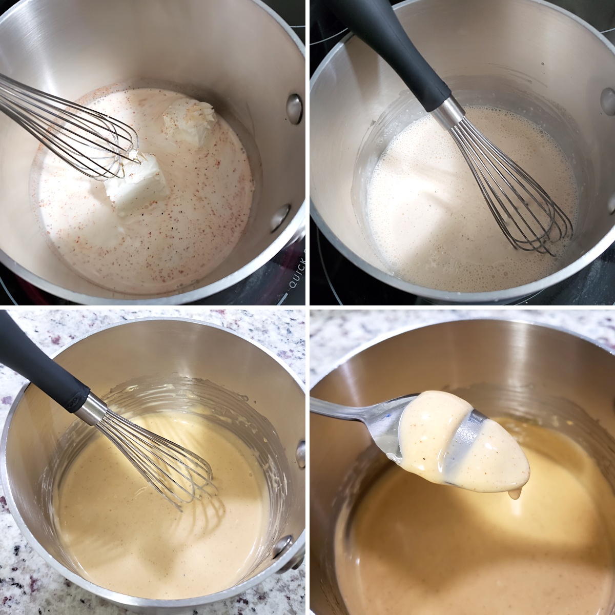 Whisking cheese sauce in a saucepan.