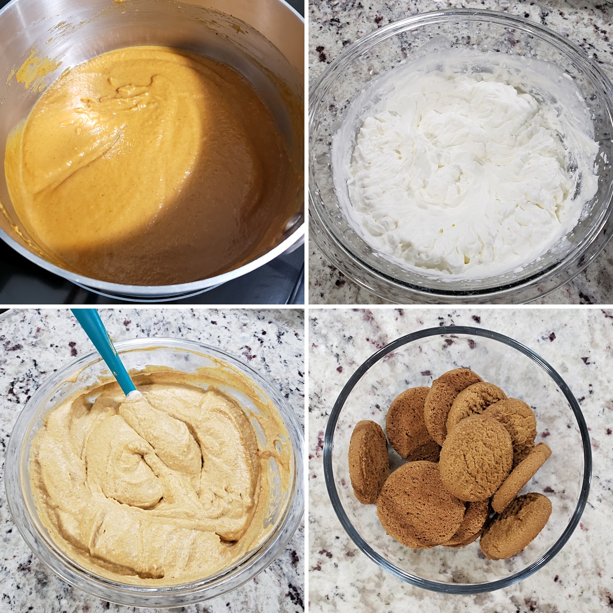 Pumpkin pie filling and whipped cream in bowls, and the two folded together in a third bowl.