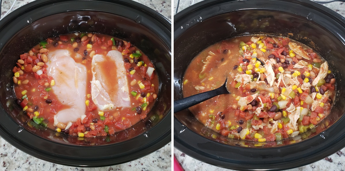 Slow cooker filled with soup ingredients.