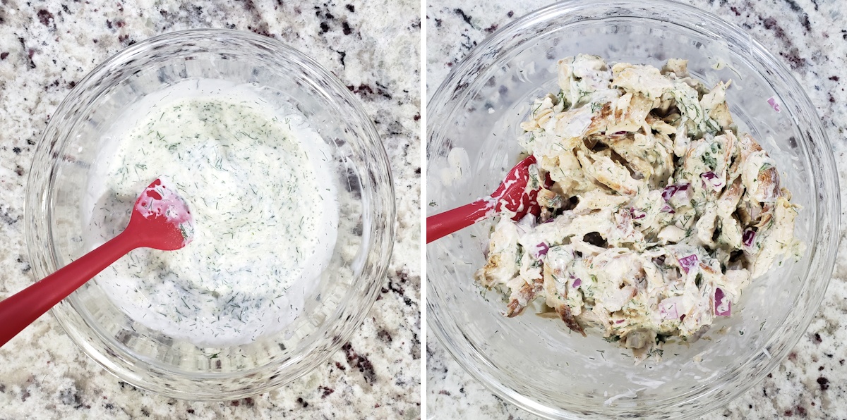 Mixing a tzatziki sauce and adding to a bowl of chicken.