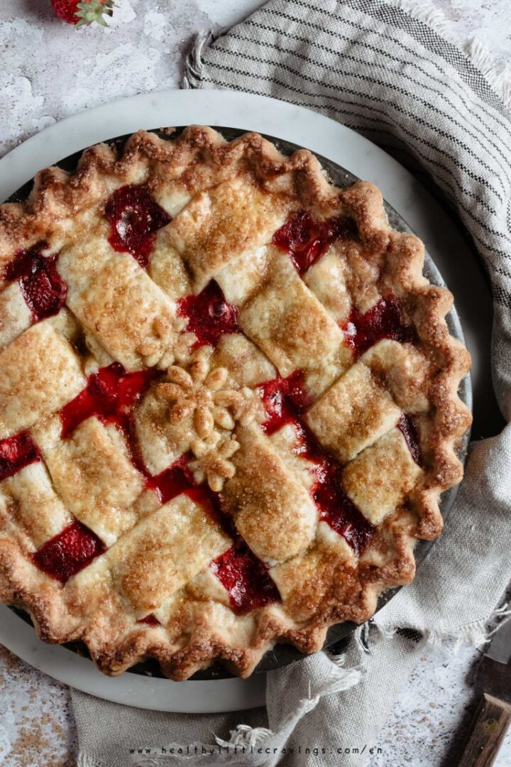 Strawberry pie topped with a lattice crust.