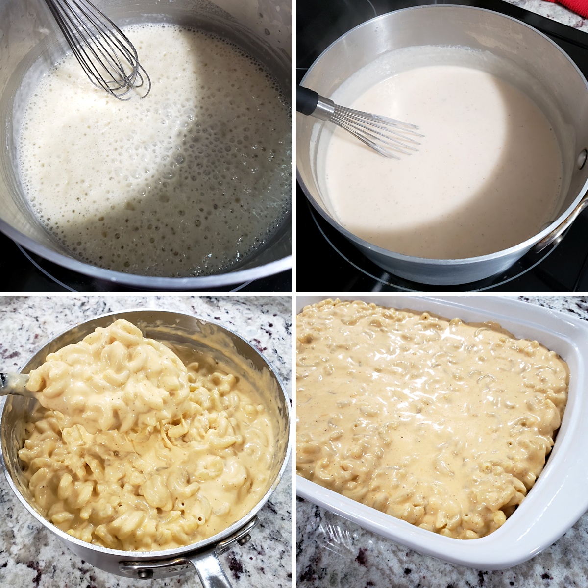 Making a cheese sauce, pouring over macaroni, and adding to a casserole dish.