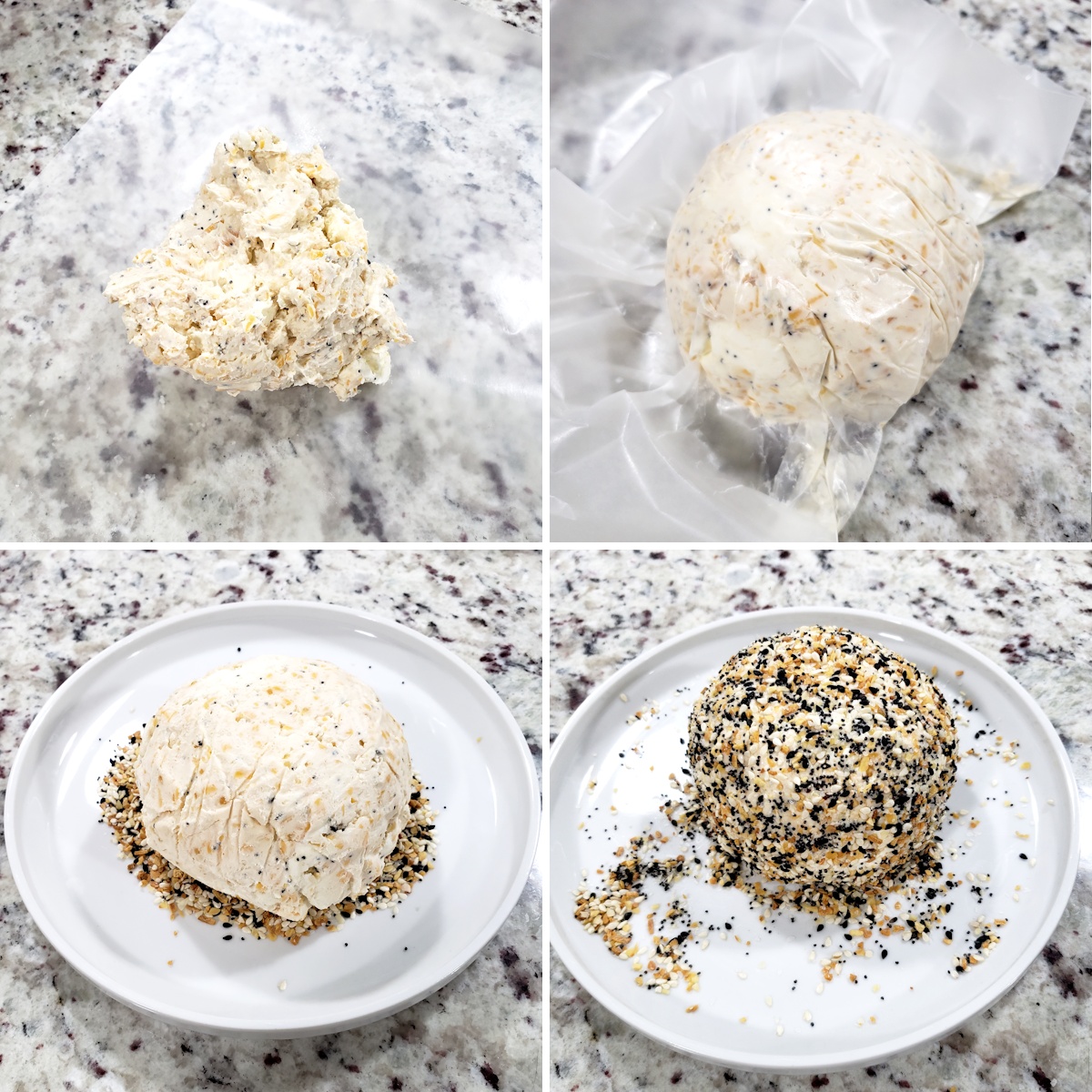 Forming a cheese ball and covering in seasoning.