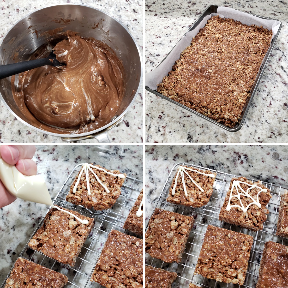 Pressing rice krispies treats into a pan and decorating with white chocolate.