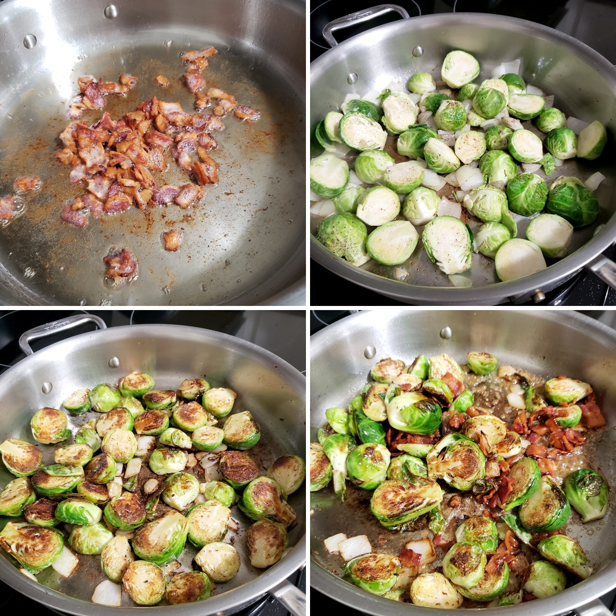 Cooking bacon and brussels sprouts in a saute pan.