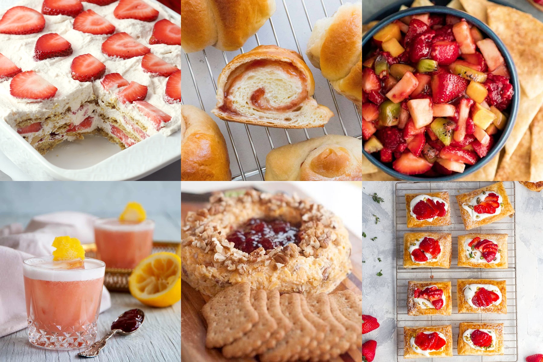 A collage of foods using strawberry jam as an ingredient.