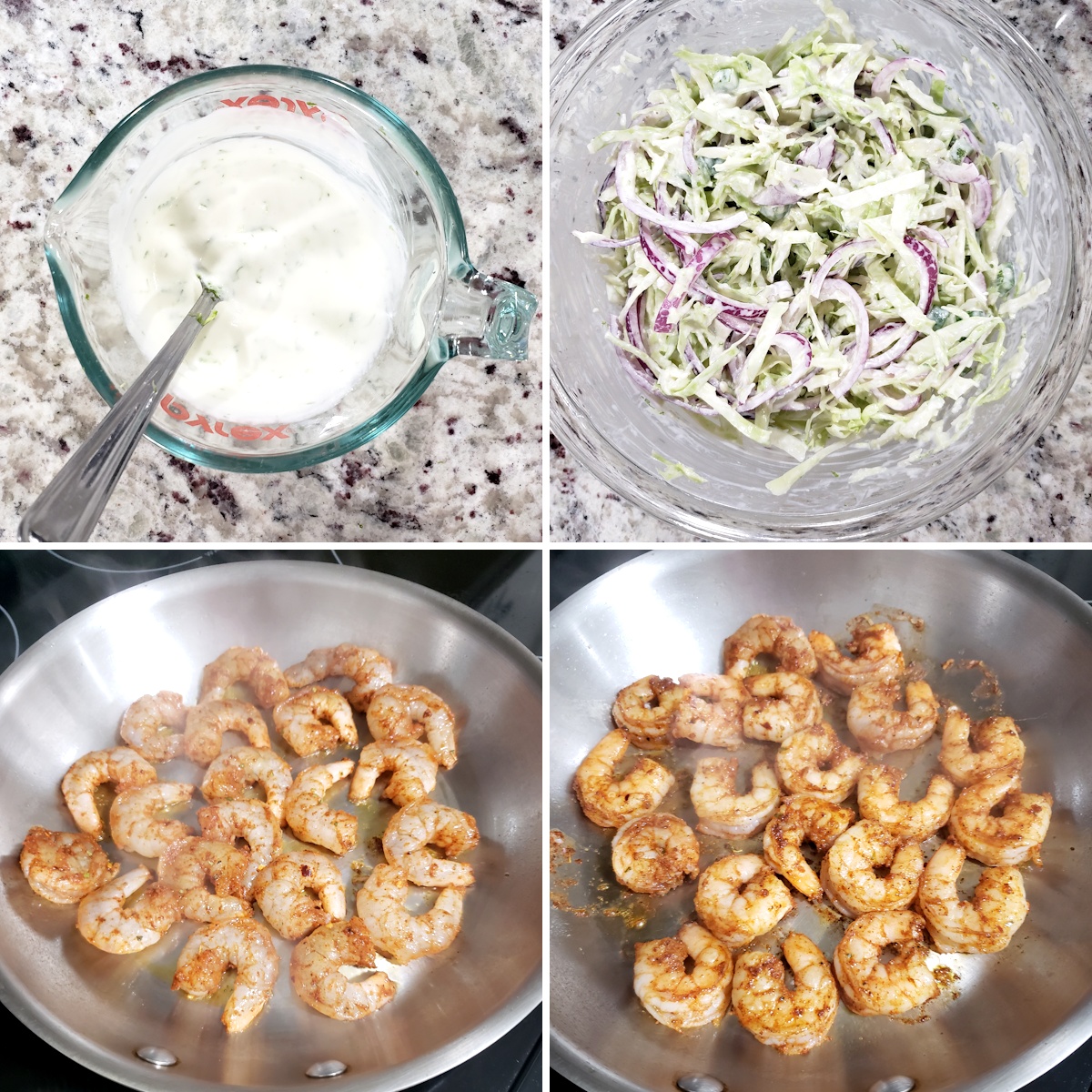 Mixing slaw in a bowl and cooking shrimp in a skillet.