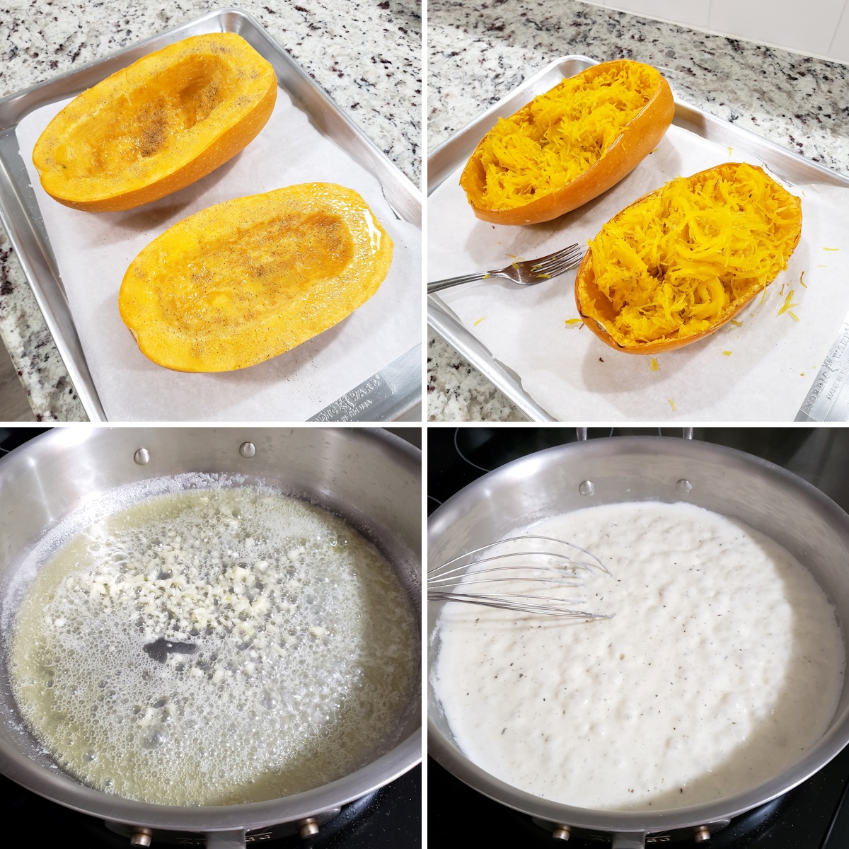 Roasting a spaghetti squash and cooking an alfredo sauce in a saute pan.