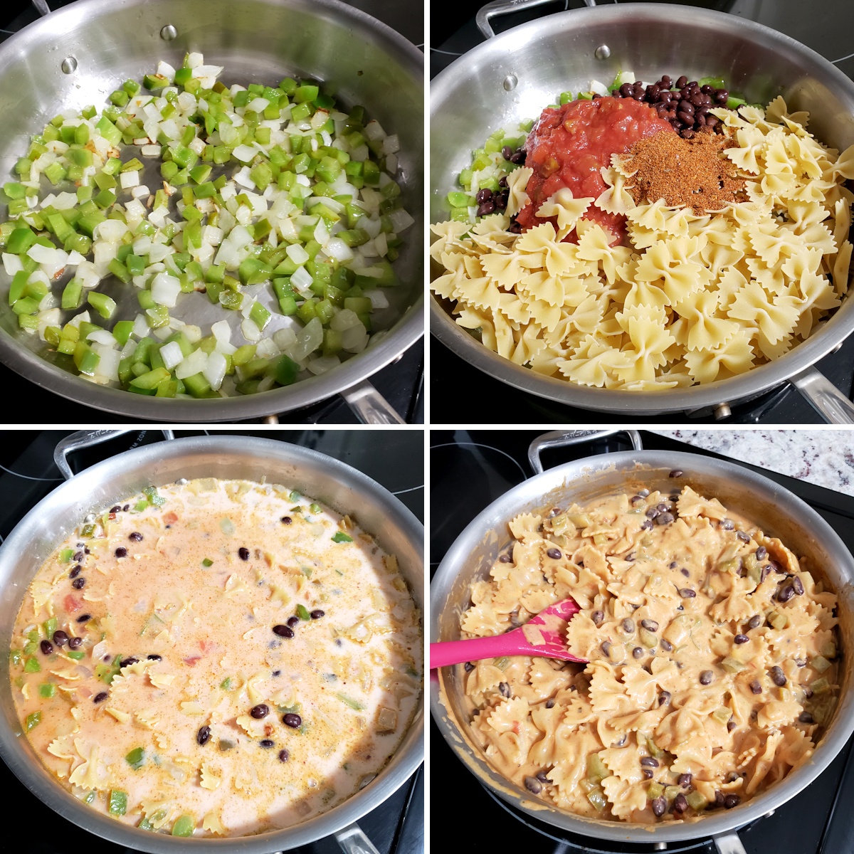 Cooking vegetables and pasta in a saute pan.