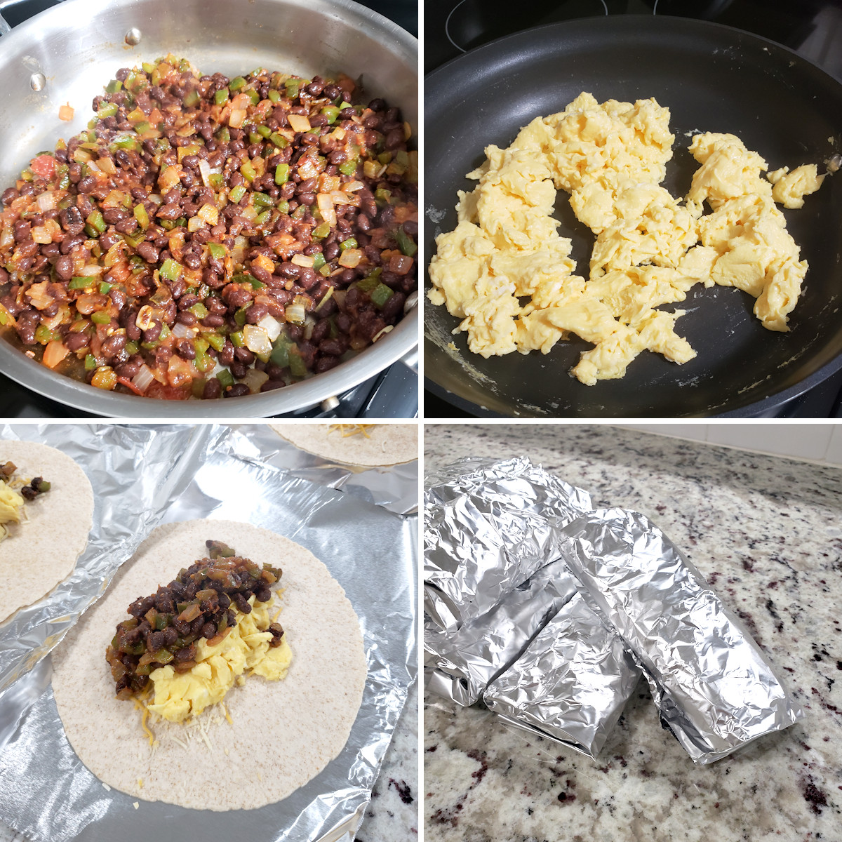 Assembling black bean burritos.