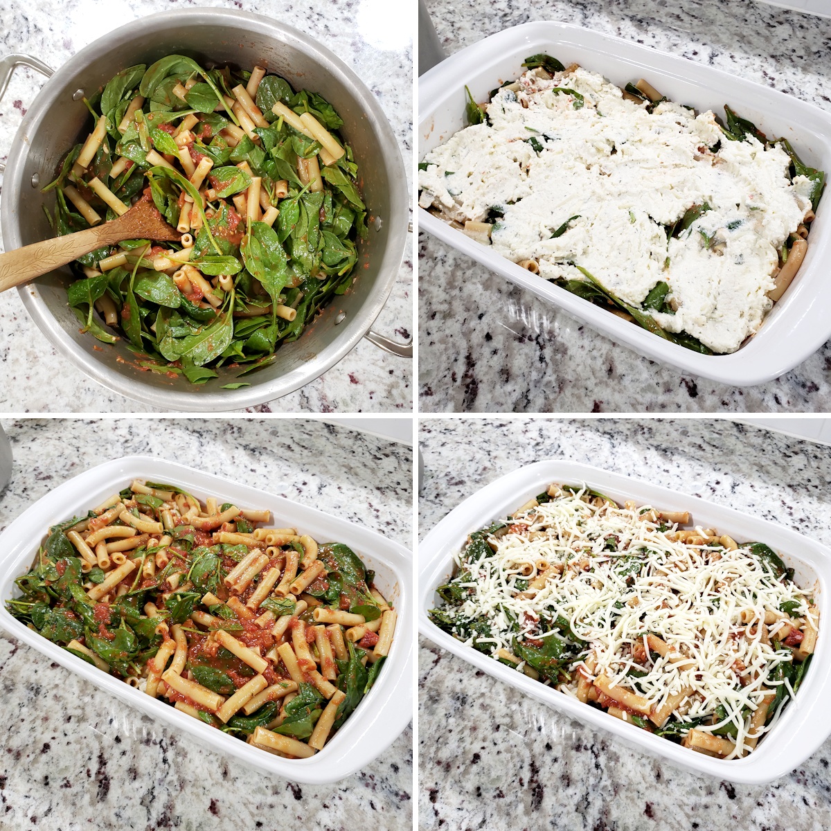 Assembling pasta layers in a casserole dish.