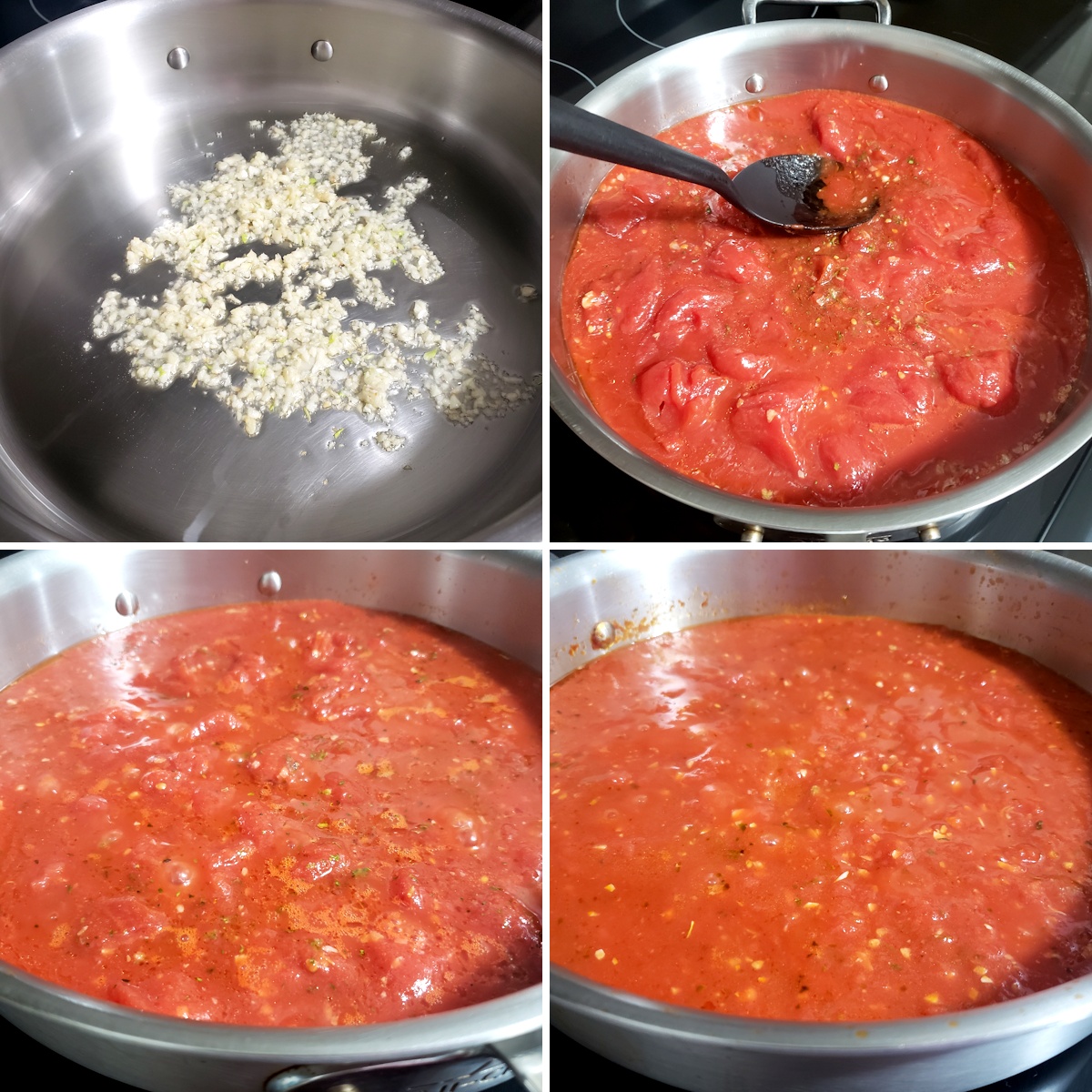 Cooking marinara sauce in a saute pan.