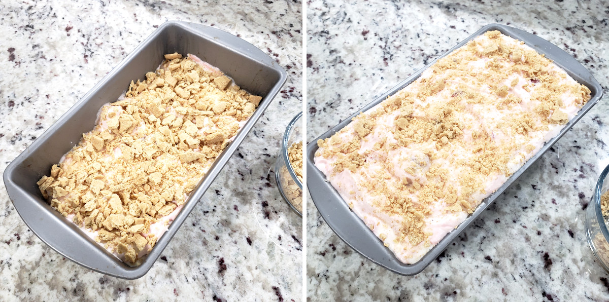 Layering ice cream and graham crackers in a loaf pan.