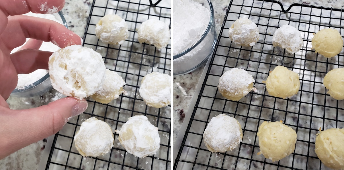 Coating round cookies in confectioner's sugar.