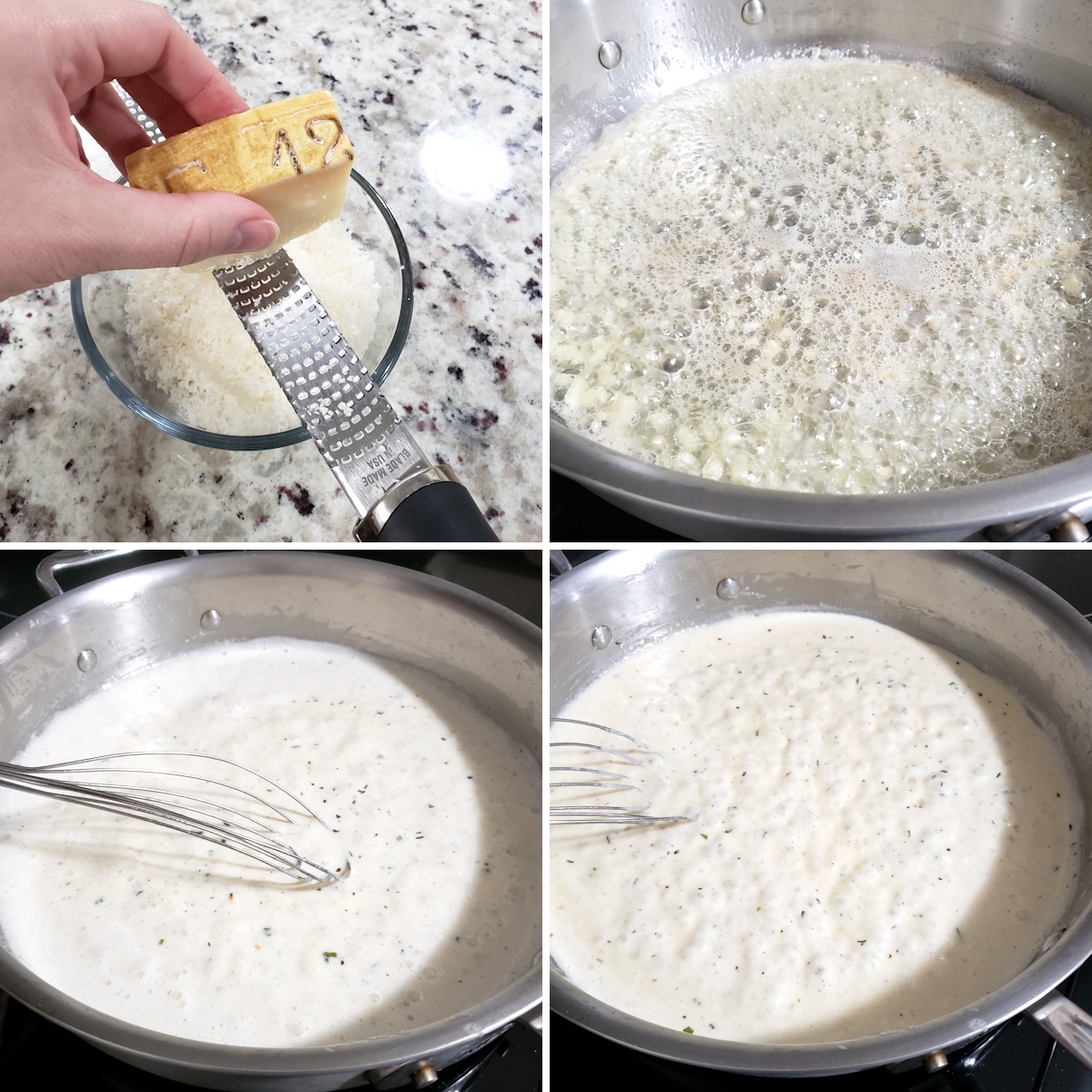 Making alfredo sauce in a saute pan.