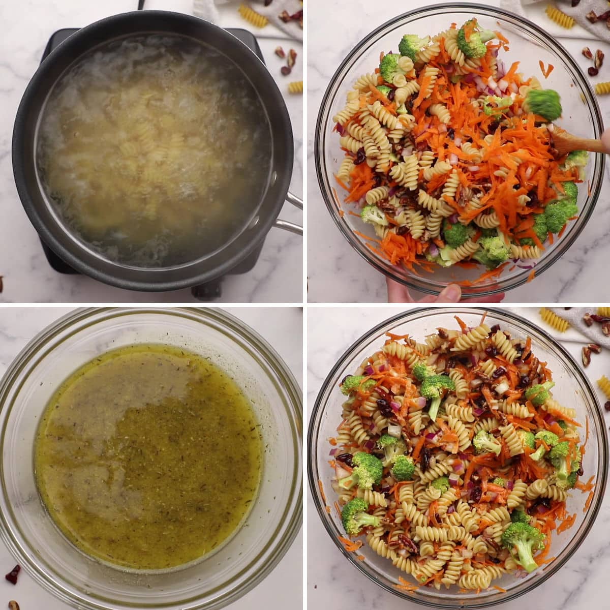 Making and assembling fall pasta salad in a glass bowl.