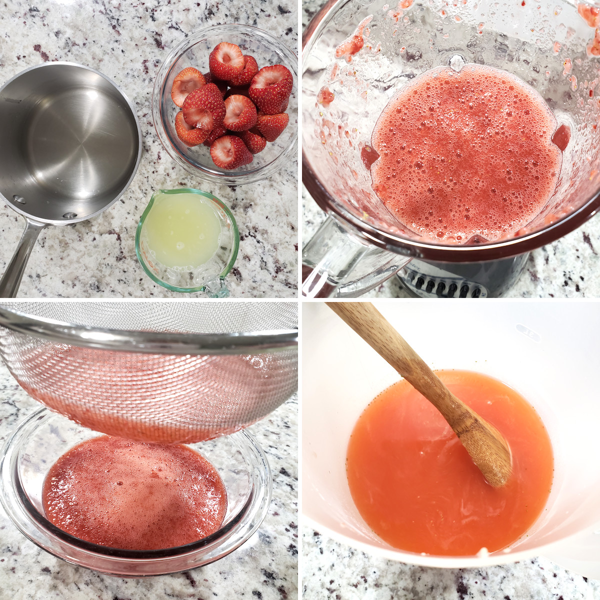 Mixing ingredients for strawberry limeade.
