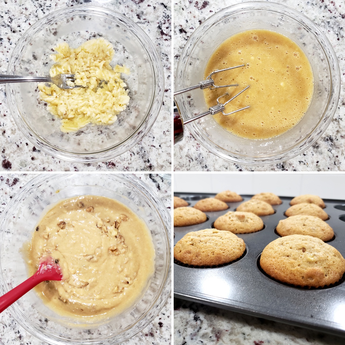 Mixing banana nut muffin batter.