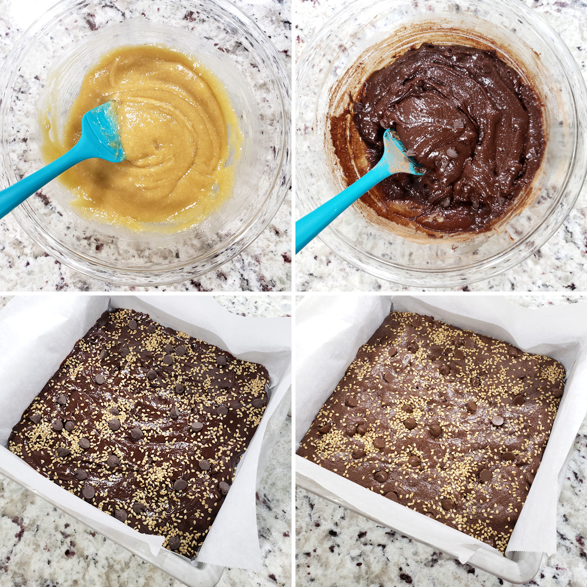 Mixing and pouring brownie batter into a square pan.