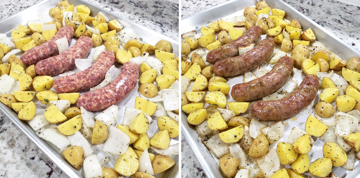 Sheet pan of sausage and potatoes, before and after baking.