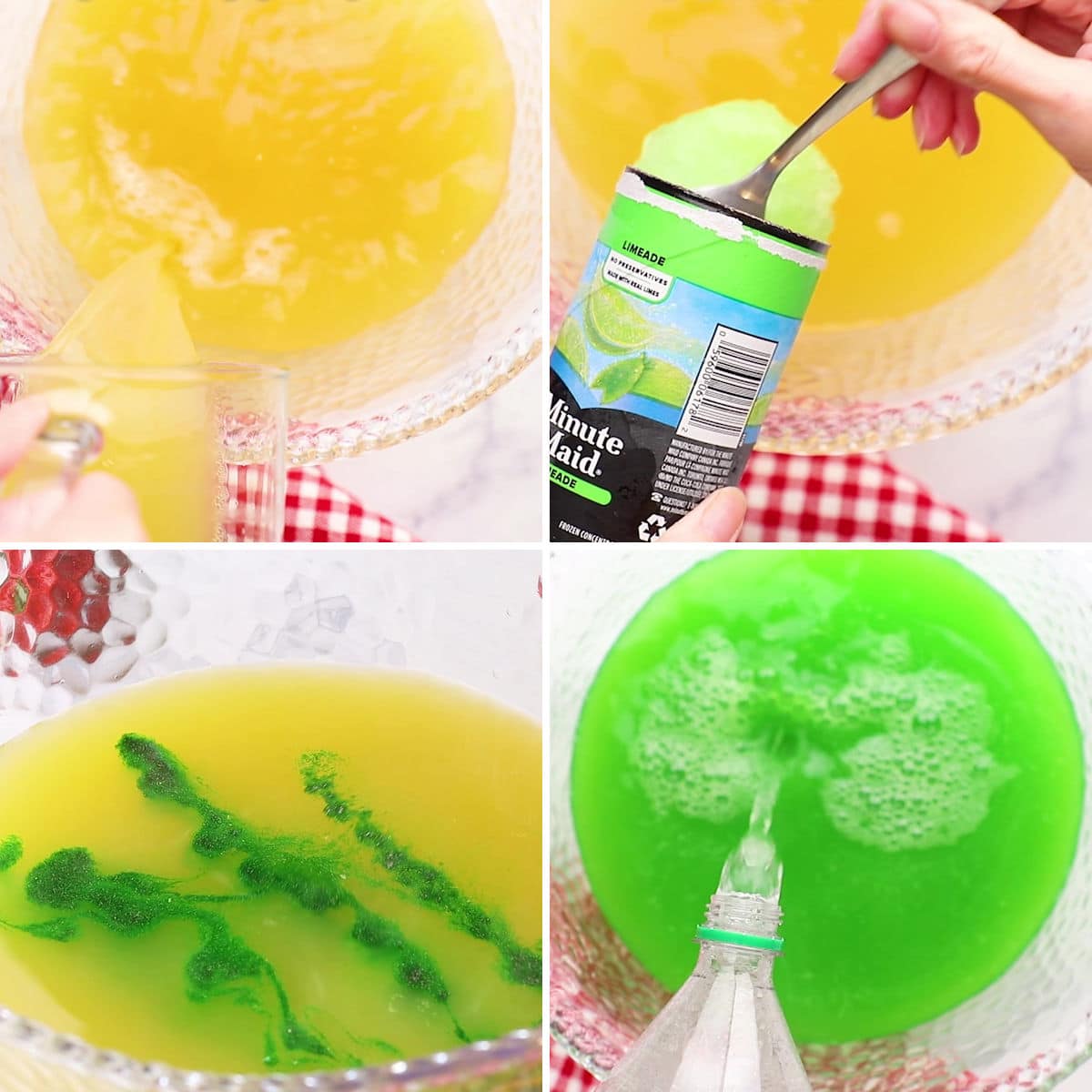 Adding ingredients to a punch bowl to make grinch punch.