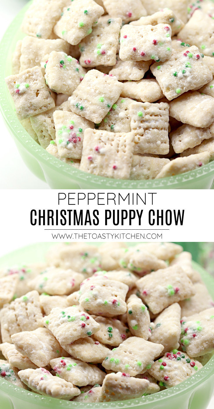 Peppermint Christmas puppy chow snack mix recipe.