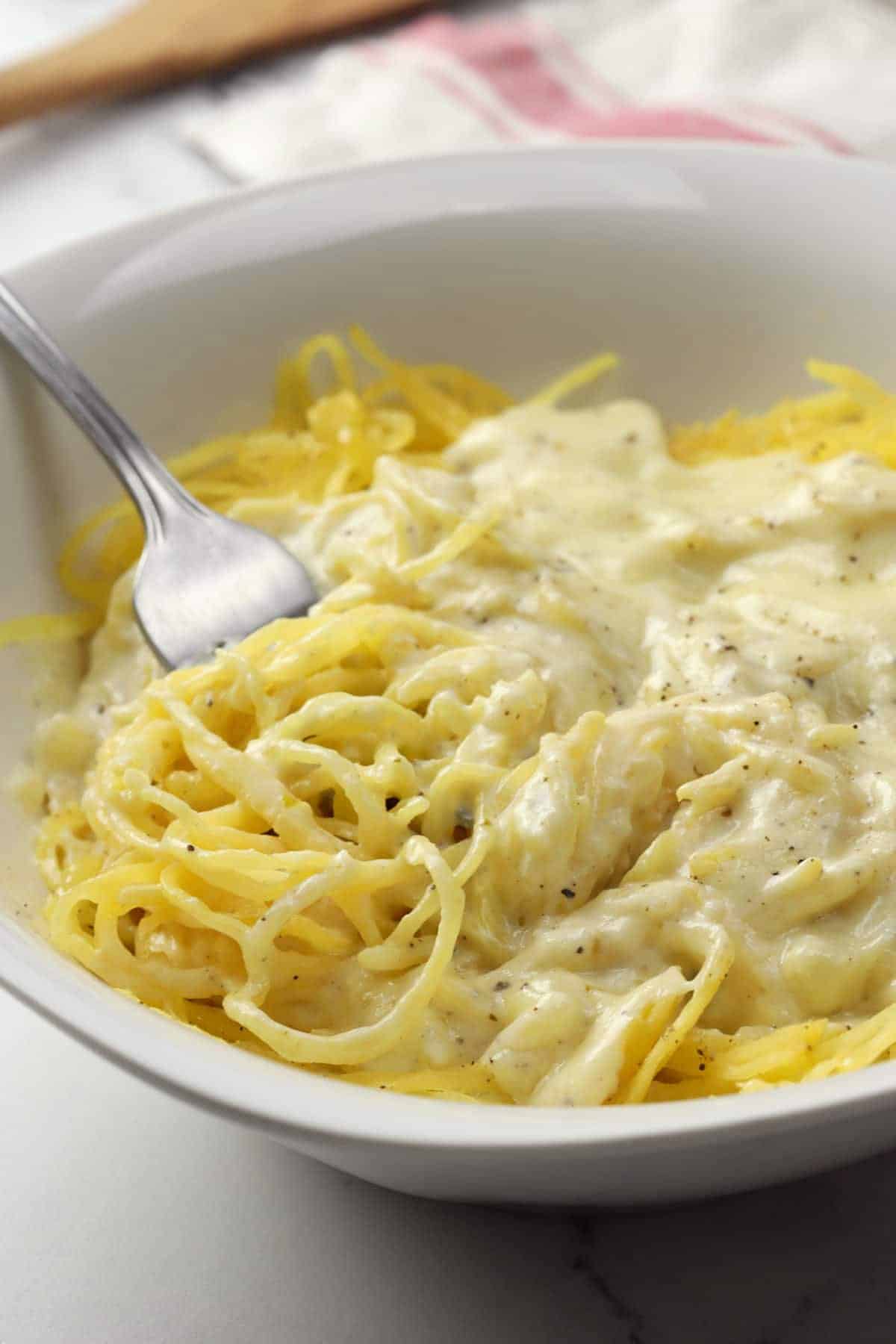 A white bowl filled with spaghetti squash topped with creamy alfredo sauce.
