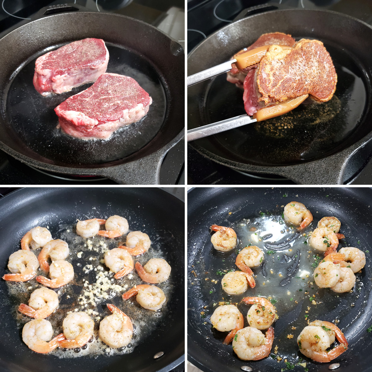 Cooking filet mignon in a pan and then cooking garlic shrimp in a pan.