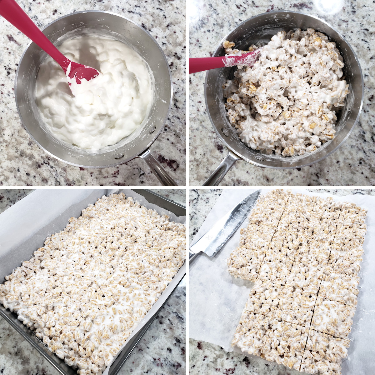 Preparing marshmallow treats and pressing into a pan.