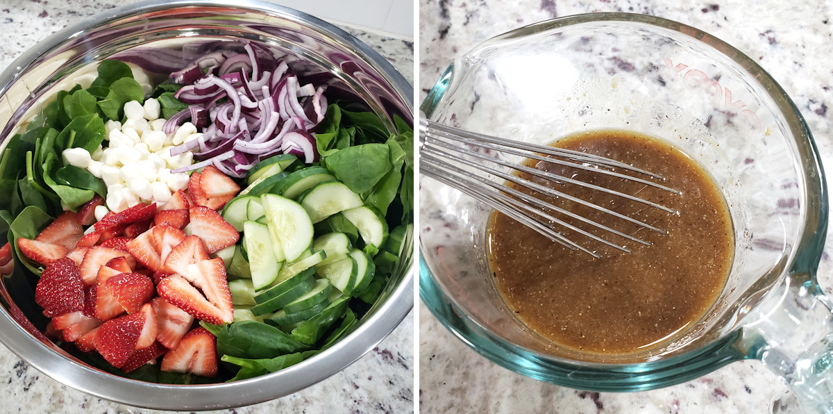 Assembling a strawberry spinach salad and balsamic dressing.