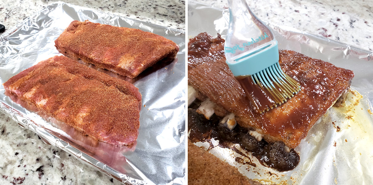 Baking and brushing ribs with sauce.