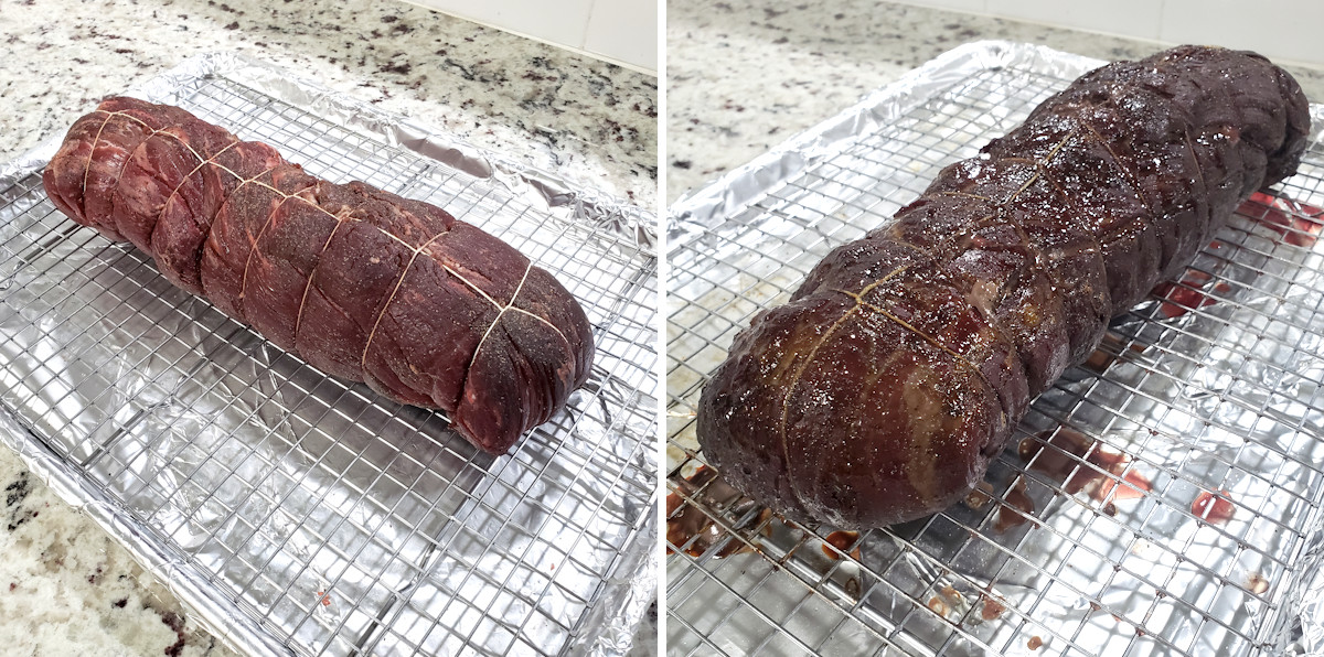 Beef tenderloin before and after roasting.