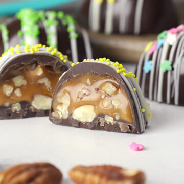 Chocolate turtle Easter egg cut in half.