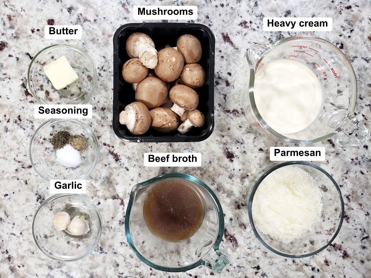 Ingredients for creamy mushroom sauce.